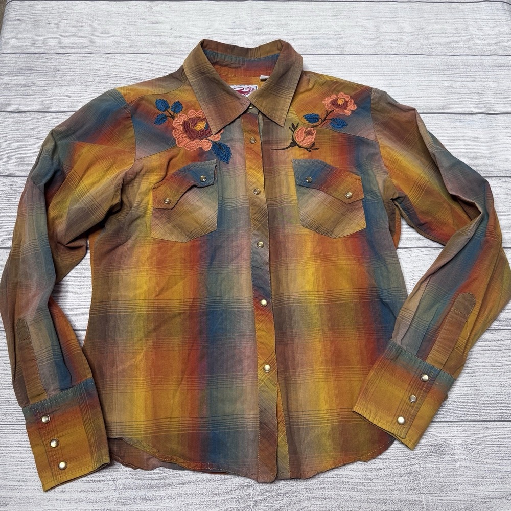 Roper Sunset Plaid Western Floral Embroidered Shirt Size Medium Pearl Snaps